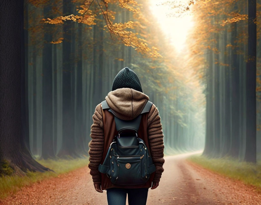 Person walking in sunlit autumn forest with backpack