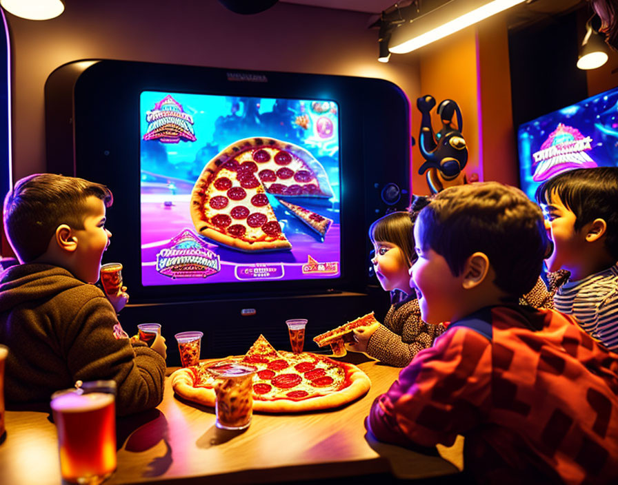 Kids enjoying food-themed animated show on big screen with pizza and drinks in dimly lit room