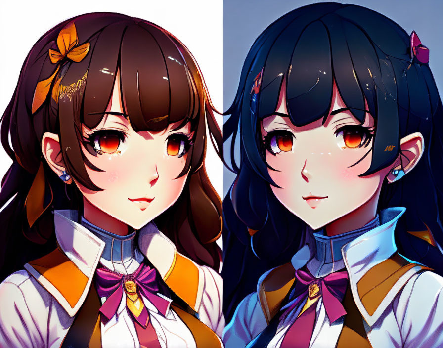 Illustrated girls with striking eyes and unique hair accessories in stylized uniforms