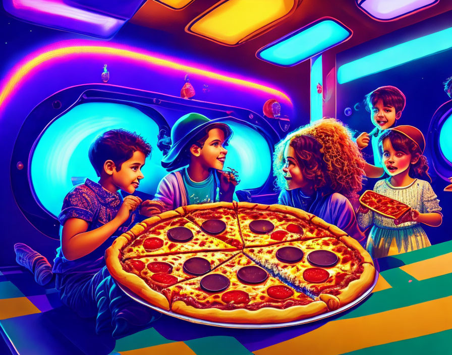 Children eating pepperoni pizza in futuristic space-themed setting