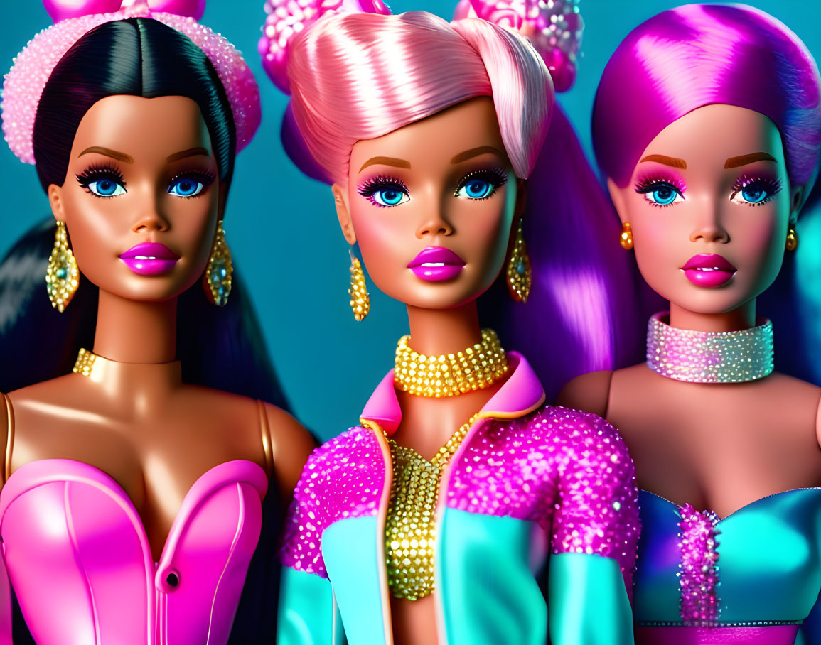 Vibrant Pink and Blue Barbie Dolls with Accessories on Teal Background