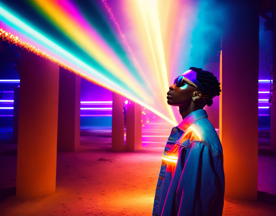 Profile view of person in denim jacket with neon lights and colored smoke background