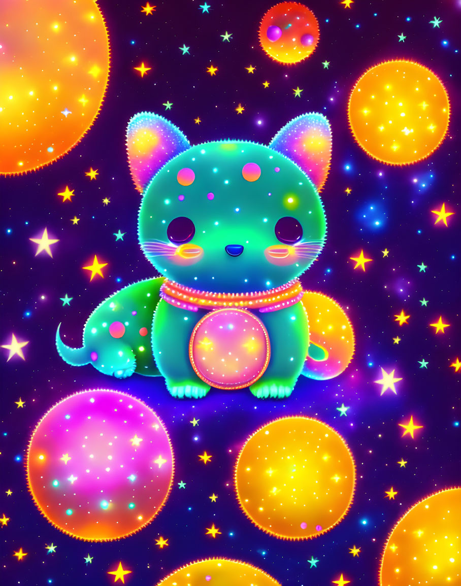 Colorful Neon Blue Cartoon Cat with Pink Spots and Cosmic Background