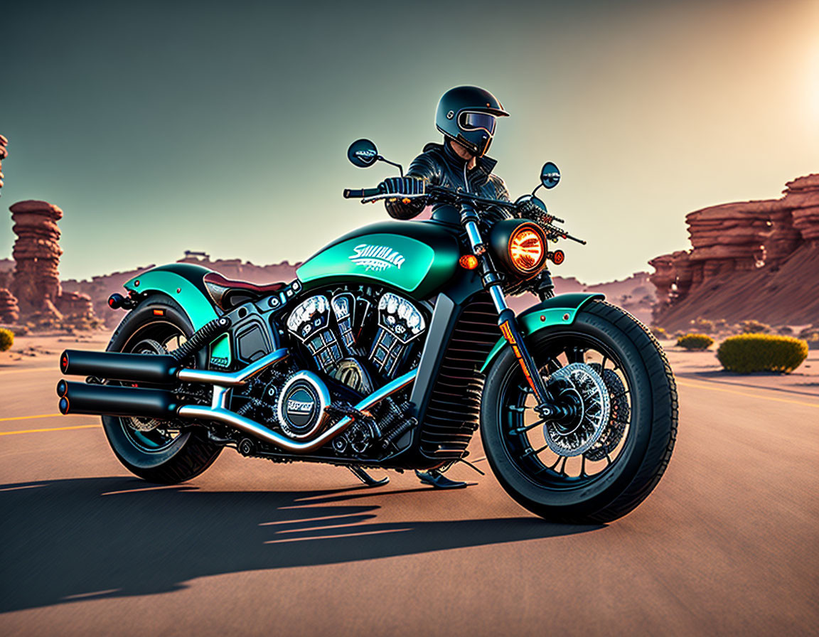 Vintage turquoise and black motorcycle rider on desert road with rock formations under clear sky