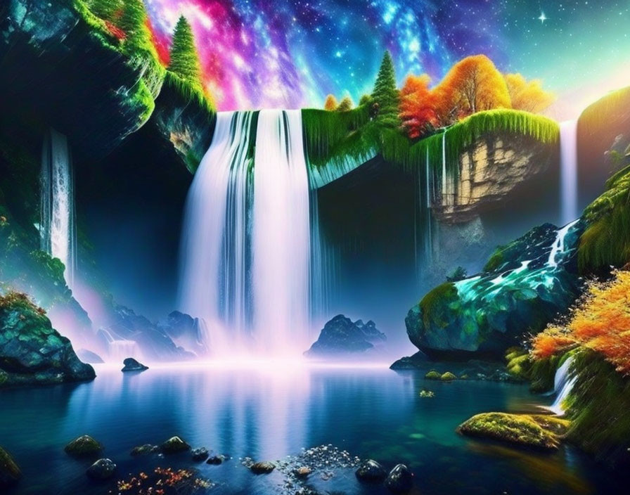 Vibrant waterfall and cosmic sky in surreal landscape