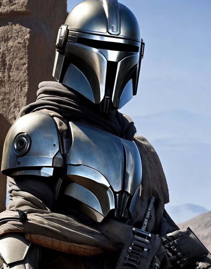 Person in metallic armor suit standing in desert landscape