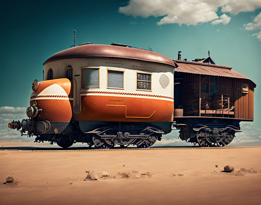 Retro-futuristic orange and beige train in desert landscape