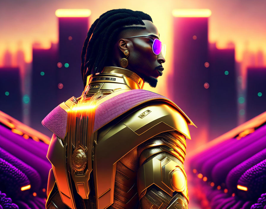 Futuristic armored man in neon cityscape with glowing edges.