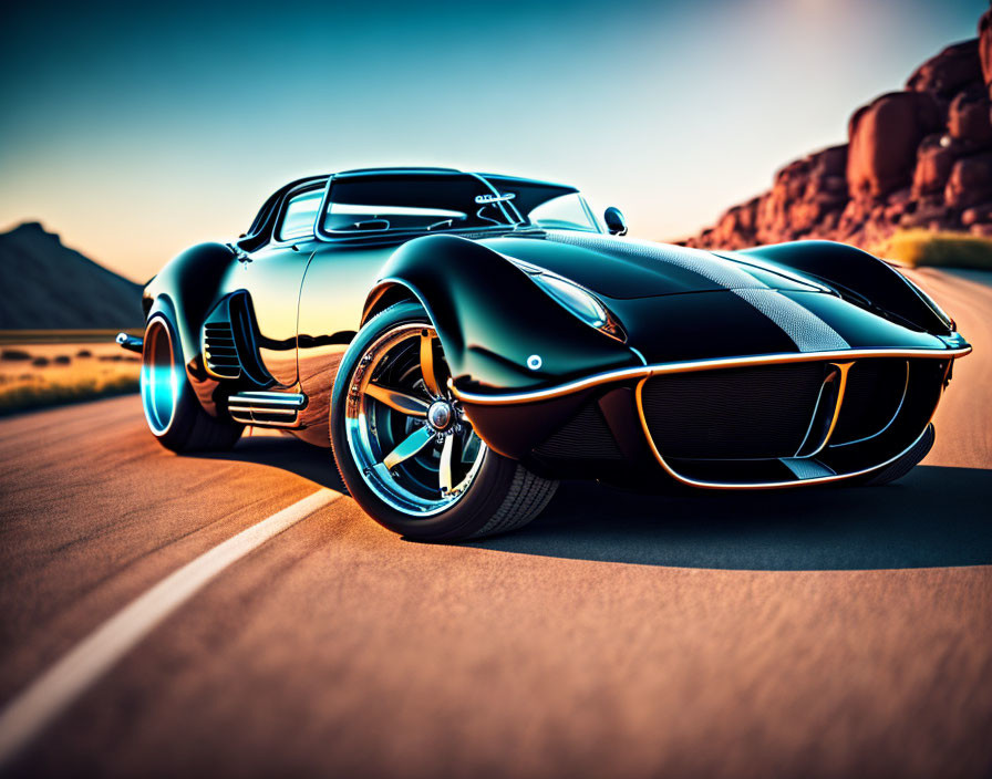 Vintage black sports car with blue highlights on desert road at sunrise or sunset