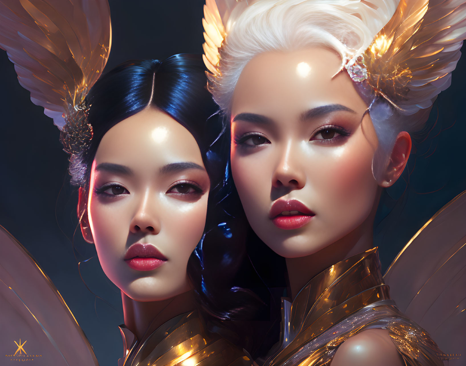 Ethereal women with gold accessories and feathers, exuding mystical aura