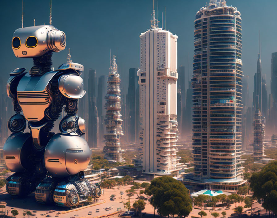 Futuristic cityscape featuring large humanoid robot and skyscrapers