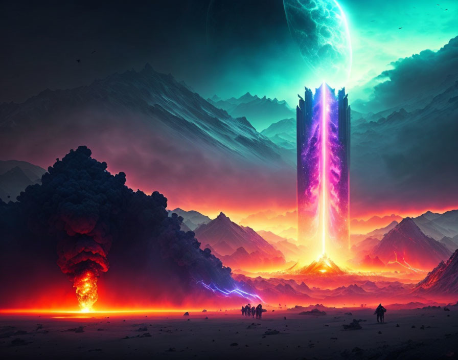 Sci-fi landscape with glowing monolith, figures, explosion, planet, and moons.