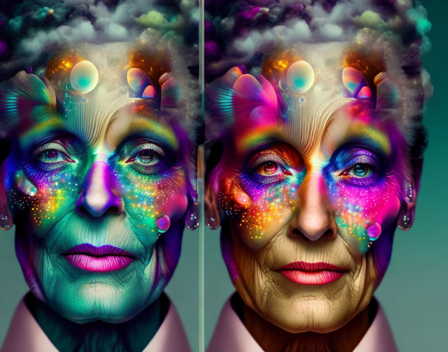 Vibrant portrait of elderly woman with iridescent makeup and whimsical elements