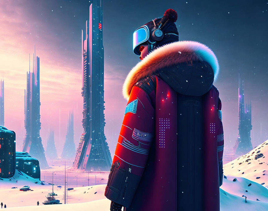 Futuristic person in VR headset before snowy cityscape with glowing towers