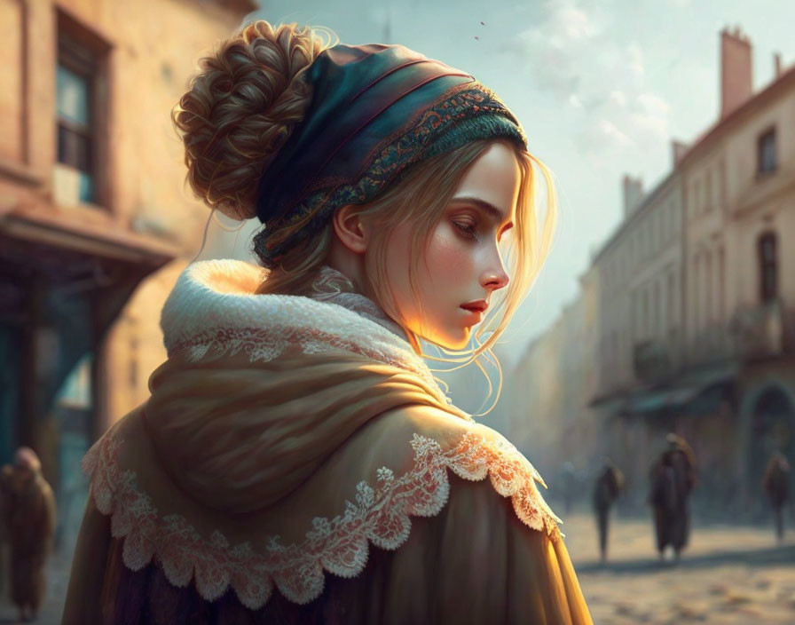 Detailed Digital Painting of Young Woman in Historical Clothing with Headscarf on Busy Street