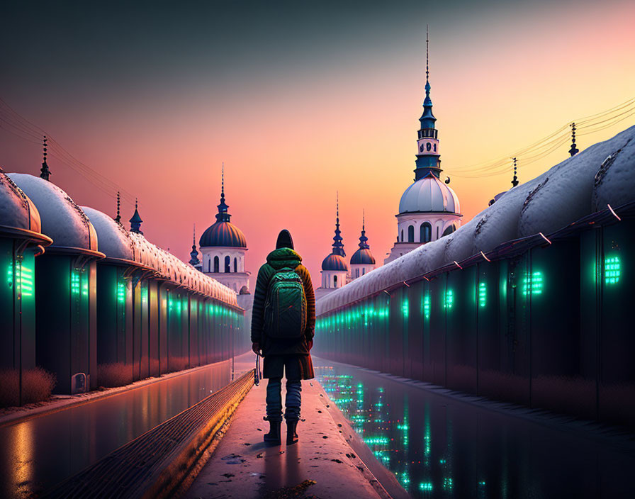 Person walking on bridge at dusk with ornate towers and vibrant sky.