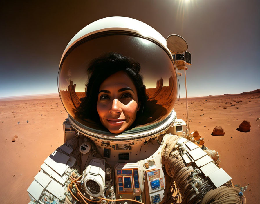 Reflective visor astronaut smiles on Mars with red terrain and blue sky reflected.