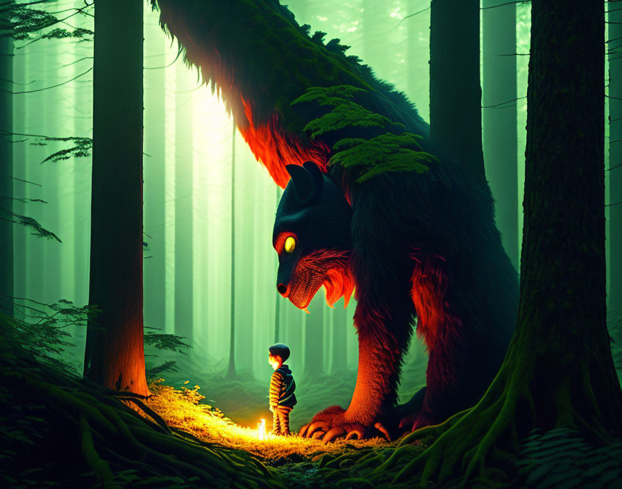 Child Confronting Glowing-Eyed Wolf in Mystical Forest