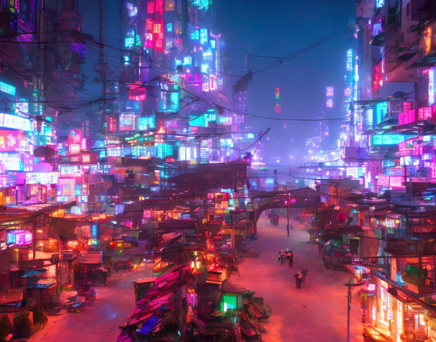 Vibrant urban nightscape with neon lights, tangled wires, and silhouettes.