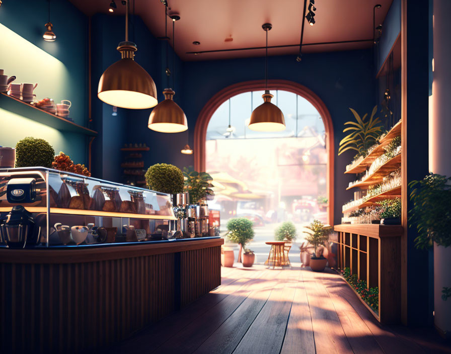 Cozy cafe interior with glass pastry display, wooden counters, golden lamps, plants, large arched