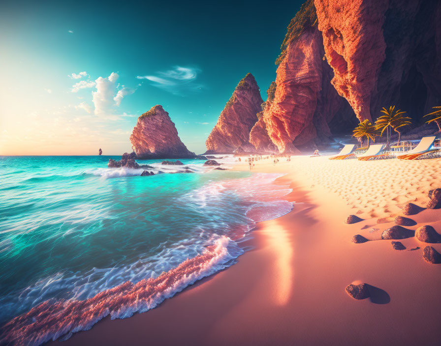 Tranquil beach scene with cliffs, clear waves, and sunset sky