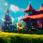 Colorful 3D SpongeBob in whimsical field with red-roofed houses