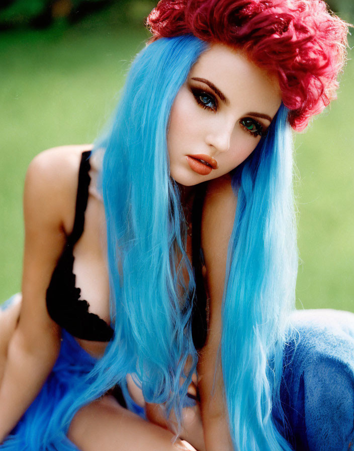 Blue-haired woman in red topknot and black top gazes intensely at camera on green backdrop