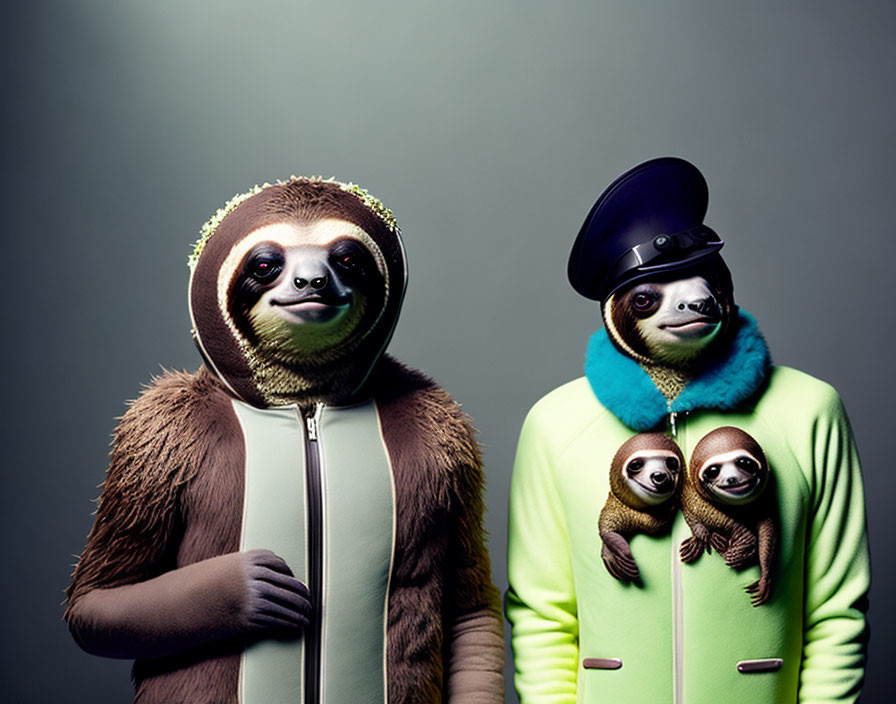 Two individuals in sloth costumes: one as an adult sloth, the other with baby sloths