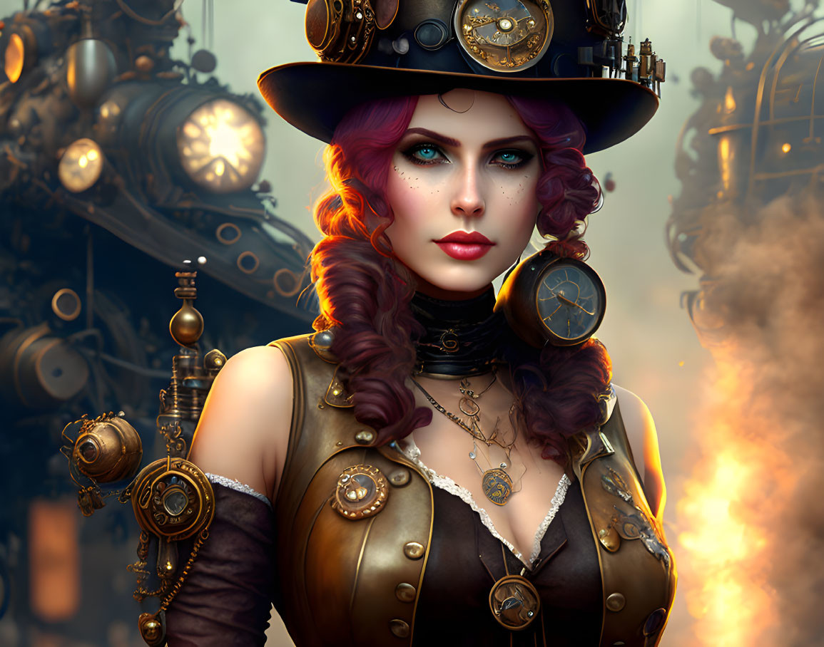 Steampunk-themed woman in top hat and corset against mechanical backdrop