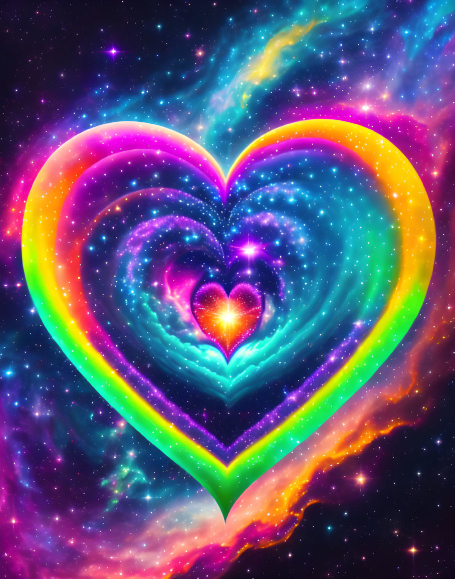 Colorful Nested Hearts on Cosmic Background: Digital Artwork