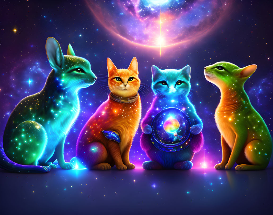 Cosmic fantasy illustration: Four glowing cosmic animals in vibrant galaxy backdrop