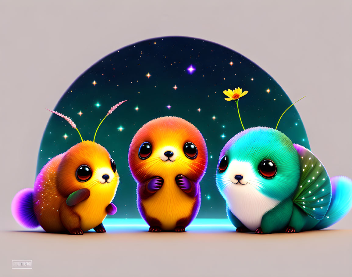 Colorful creatures under starry sky with big eyes and glowing bodies, one holding a leaf, another