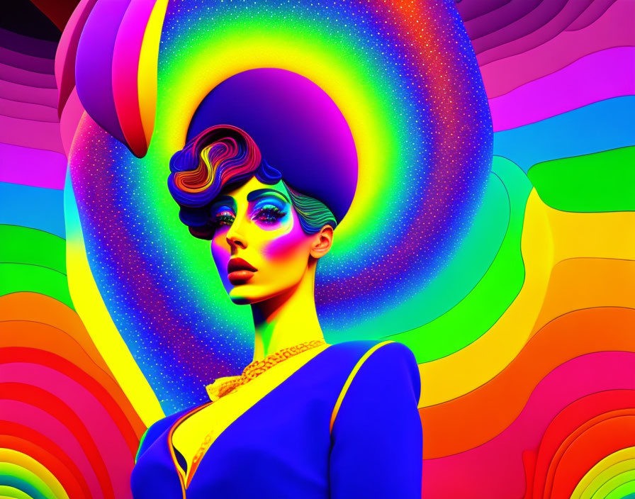 Colorful Digital Art: Woman Amid Psychedelic Swirls