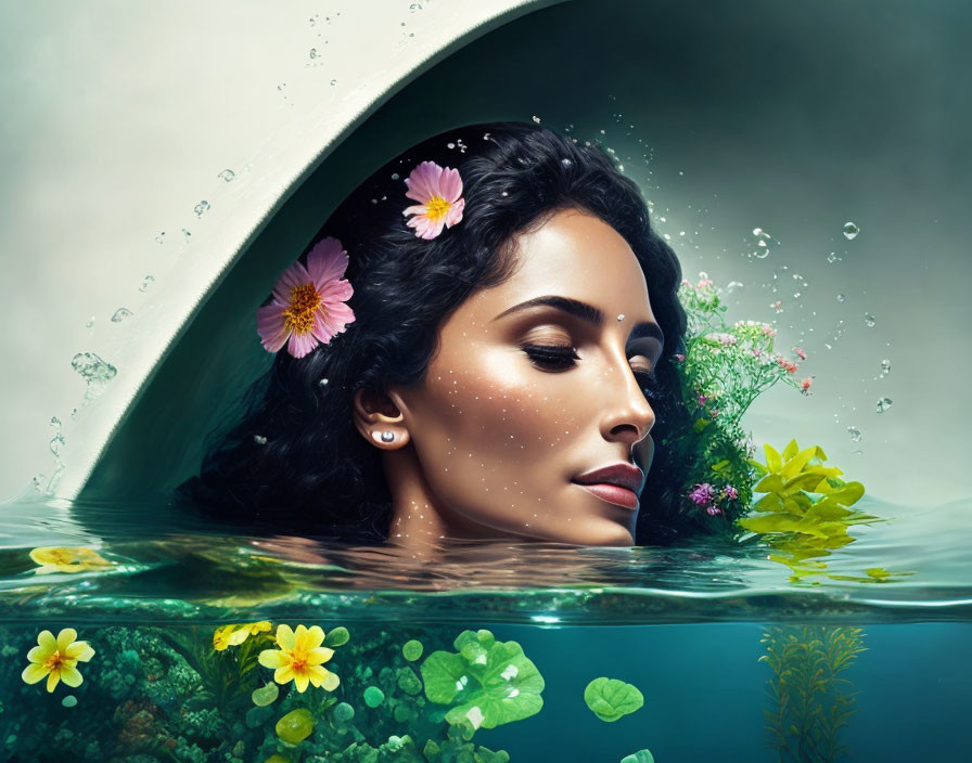 Woman with Flowers in Hair Submerged in Clear Water