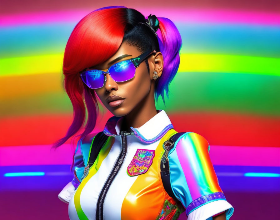 Colorful Woman with Multicolored Hair and Sunglasses in Front of Rainbow Gradient Wearing Glossy