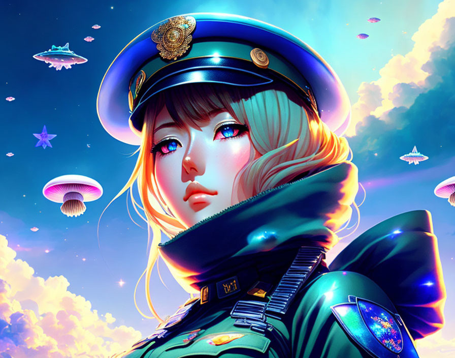 Anime-style female character in blue uniform gazes at colorful floating jellyfish in sky