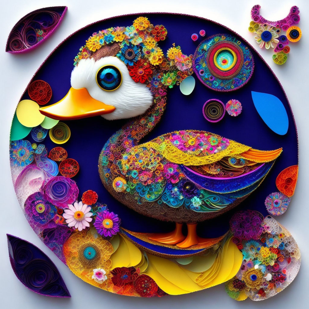 Vibrant duck art with floral patterns on white background