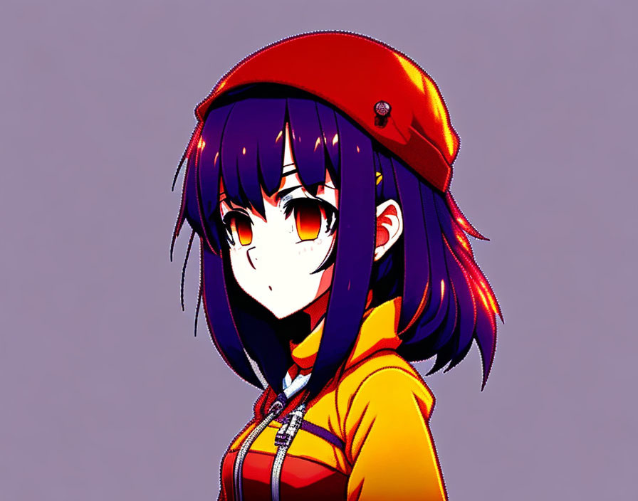 Purple-haired girl in red beret and orange jacket with yellow eyes