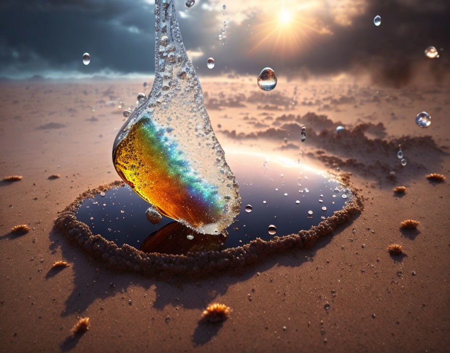 Sunlit Water Droplet Splashing on Sandy Terrain