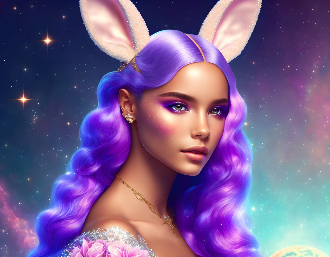 Digital illustration: Woman with purple hair and rabbit ears under starry night sky and moon, surrounded by