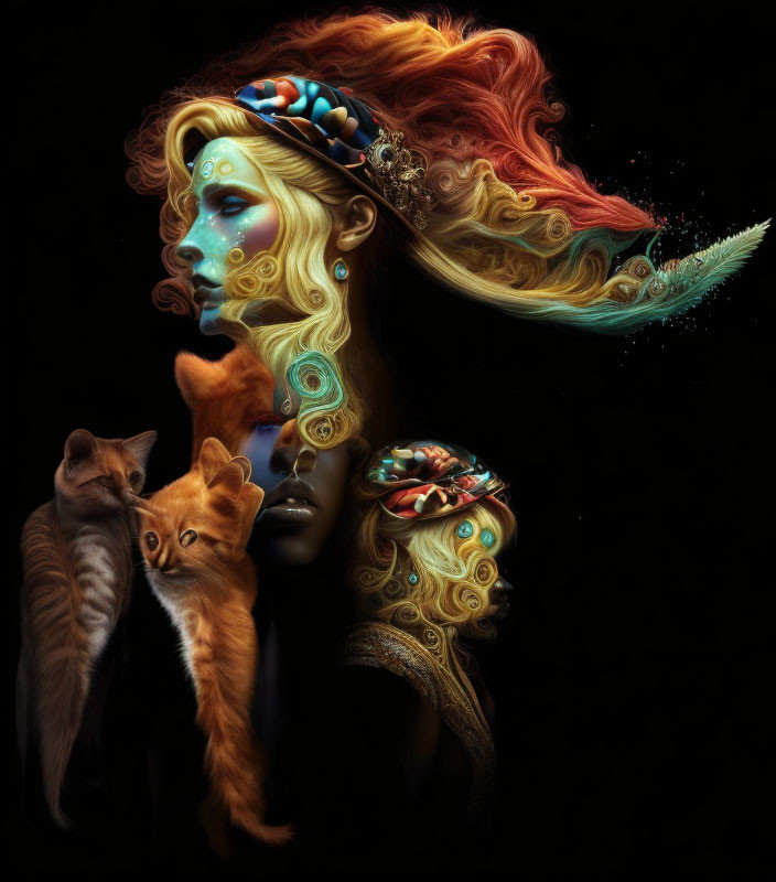 Faces merging with ornate patterns and kittens in surreal artwork