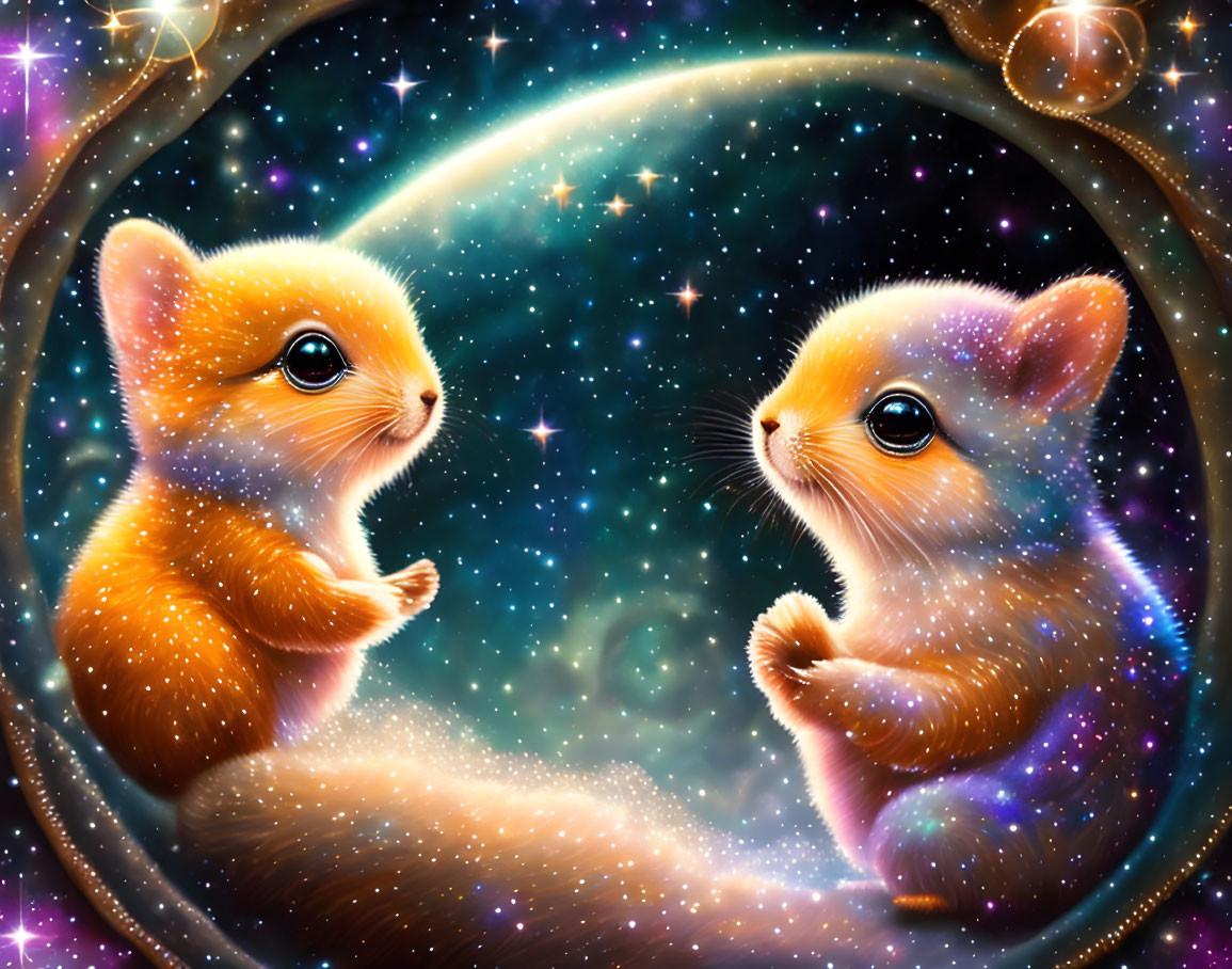 Anthropomorphic squirrels in cosmic bubble with sparkly fur and stars