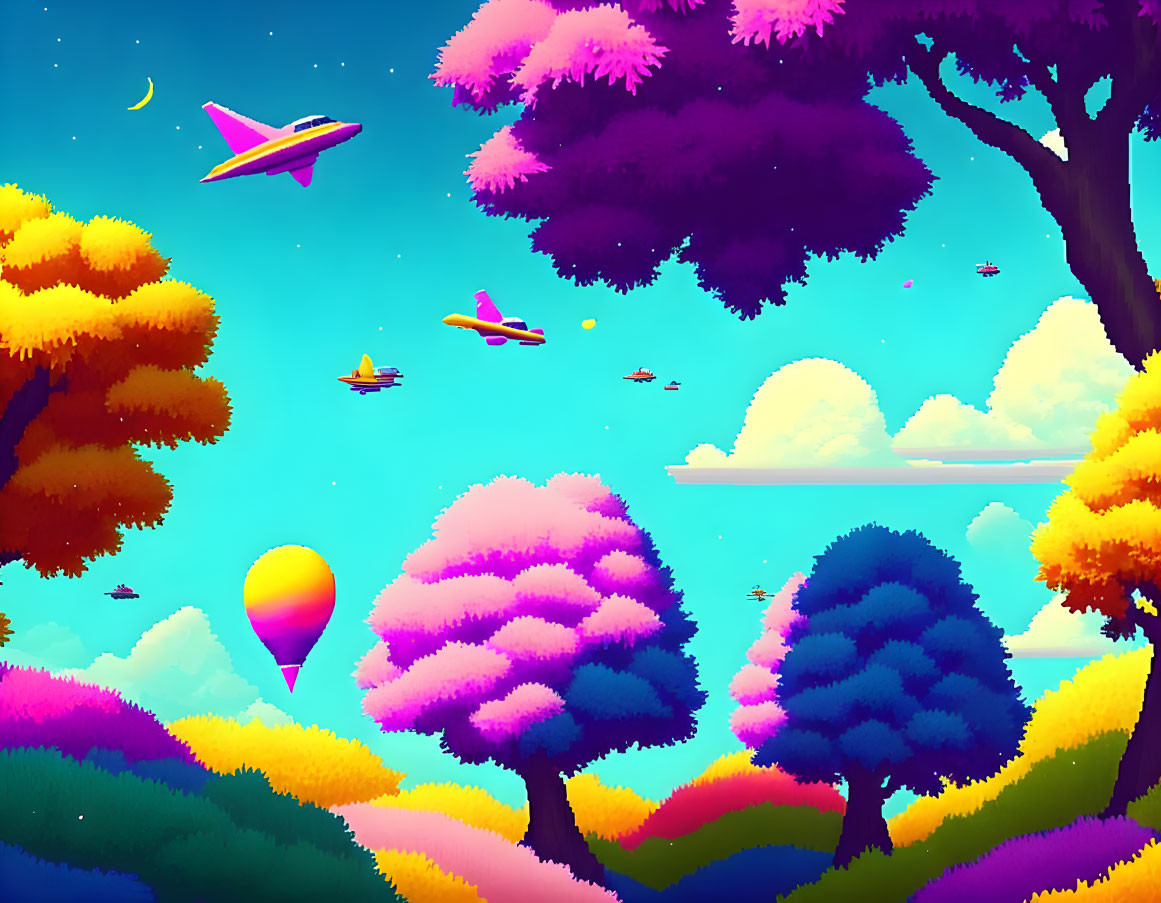 Vibrant fantasy landscape with colorful trees and flying objects