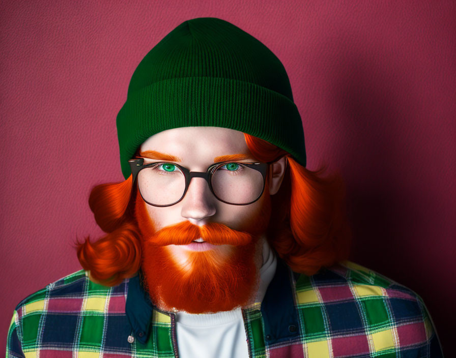 Vibrant red-haired person with green beanie and round glasses on pink background