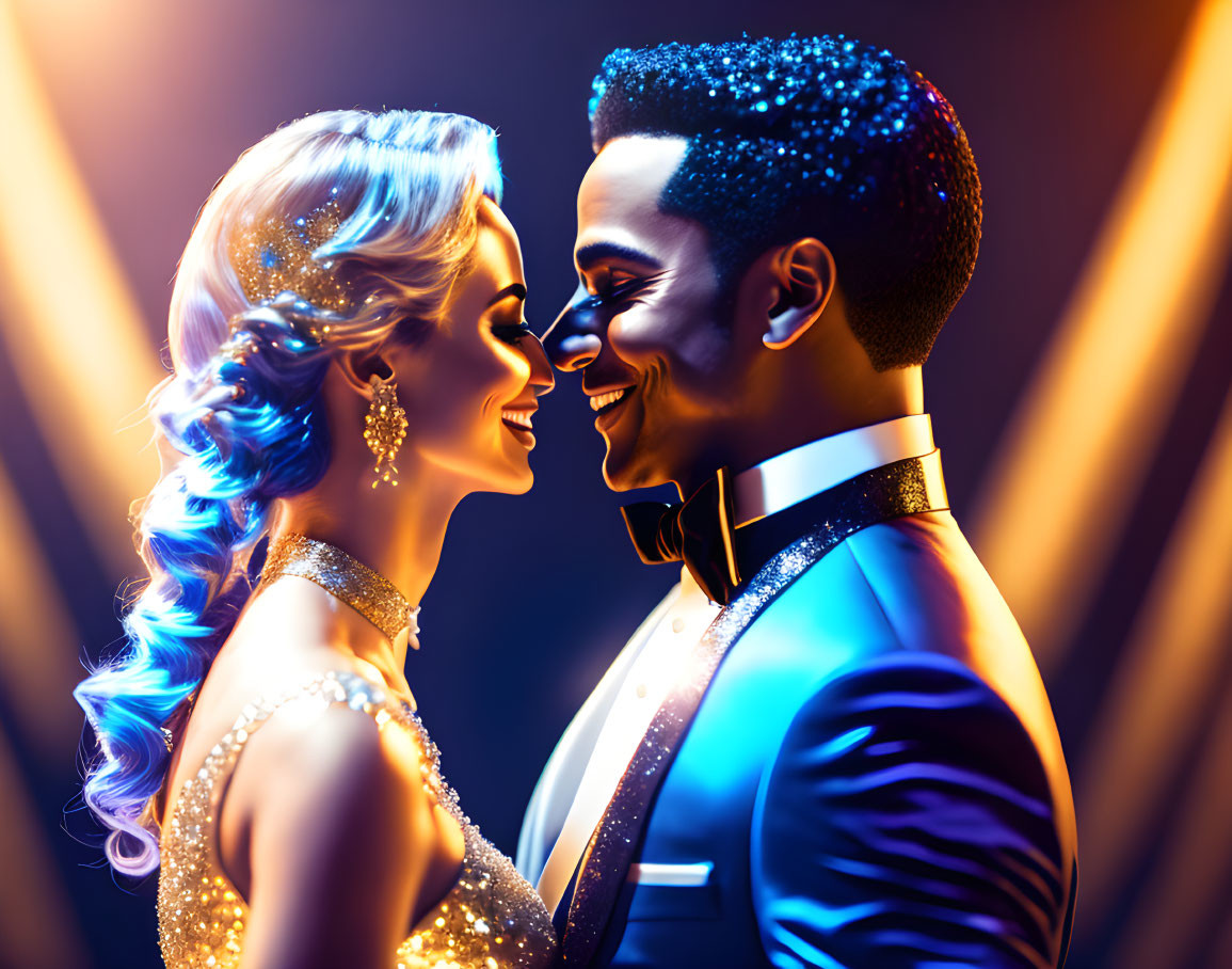 Elegant couple in formal attire under dramatic stage lighting