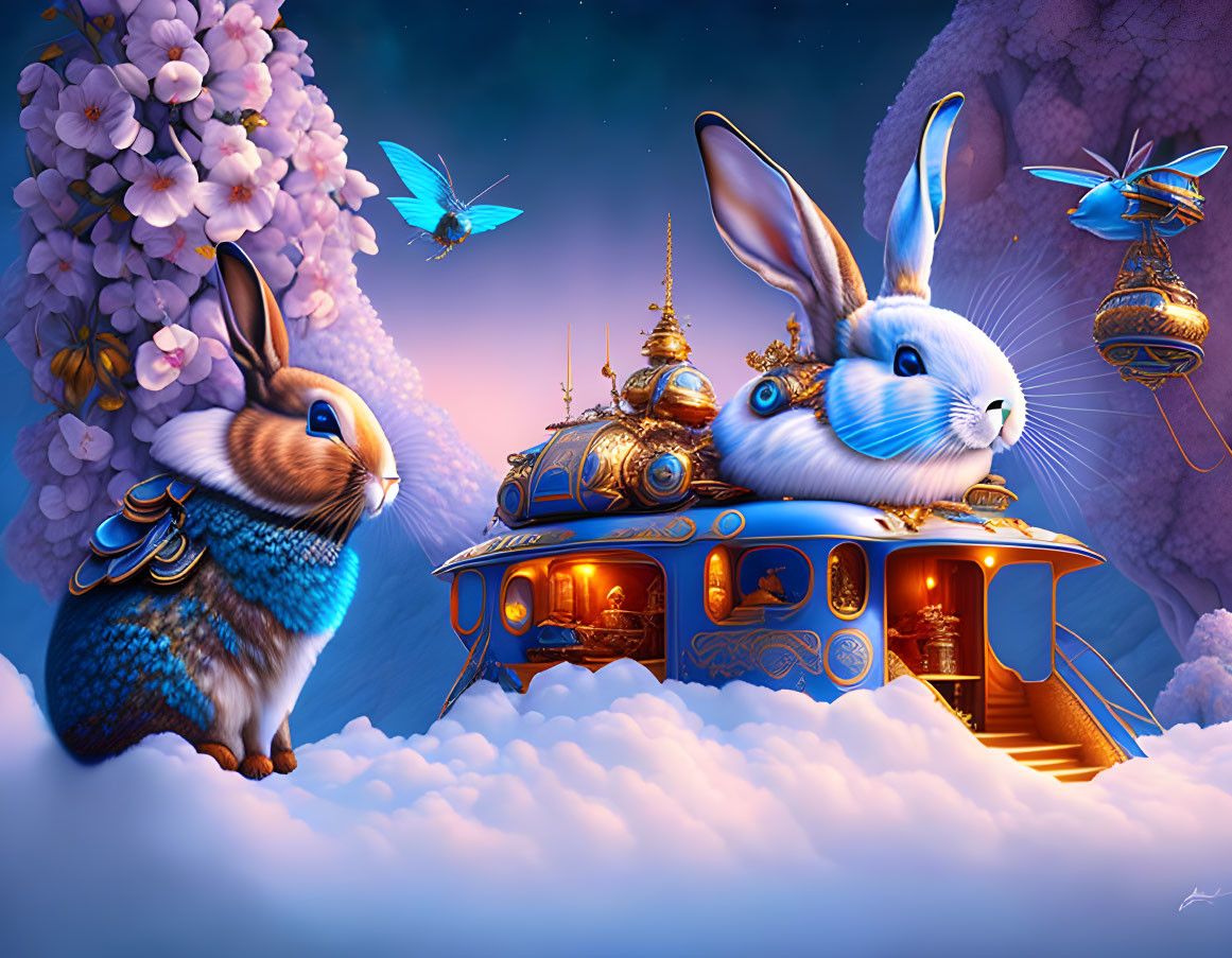 Anthropomorphic rabbits and steampunk house in starry twilight scene