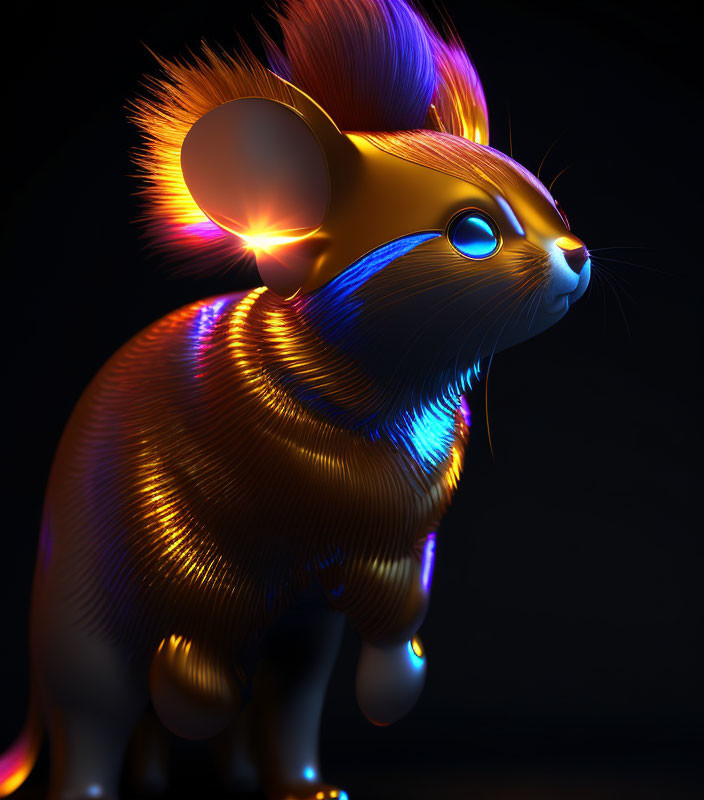 Colorful Neon Mouse Artwork with Orange, Blue, and Violet Fur on Dark Background