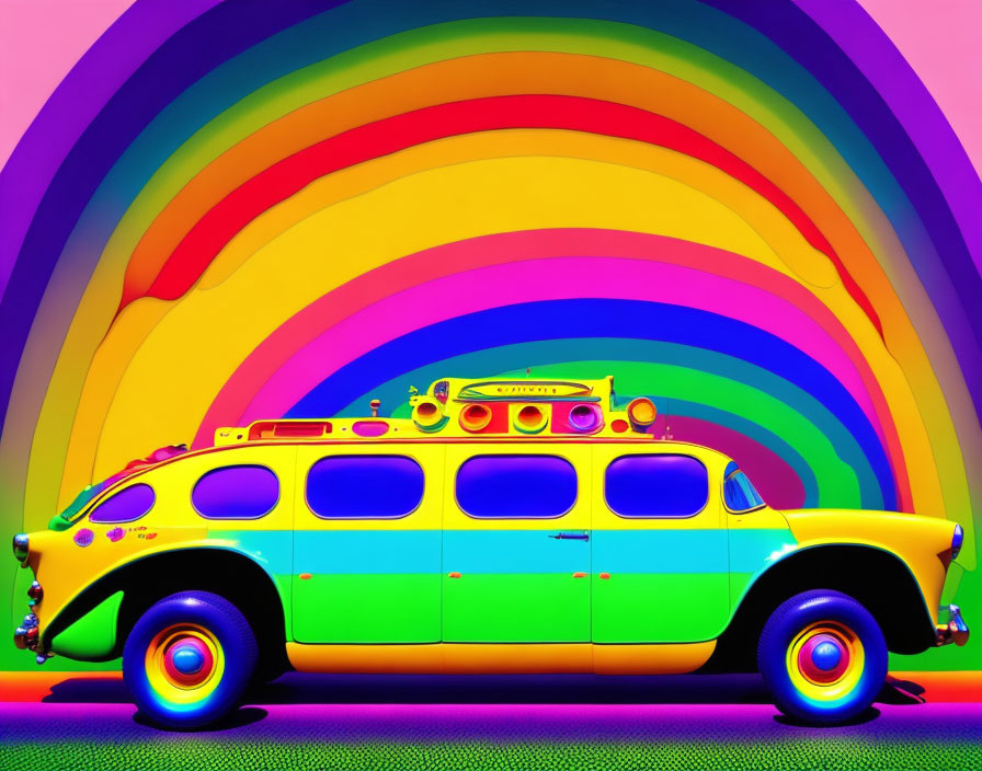 Vintage Psychedelic Bus Against Vibrant Rainbow Background