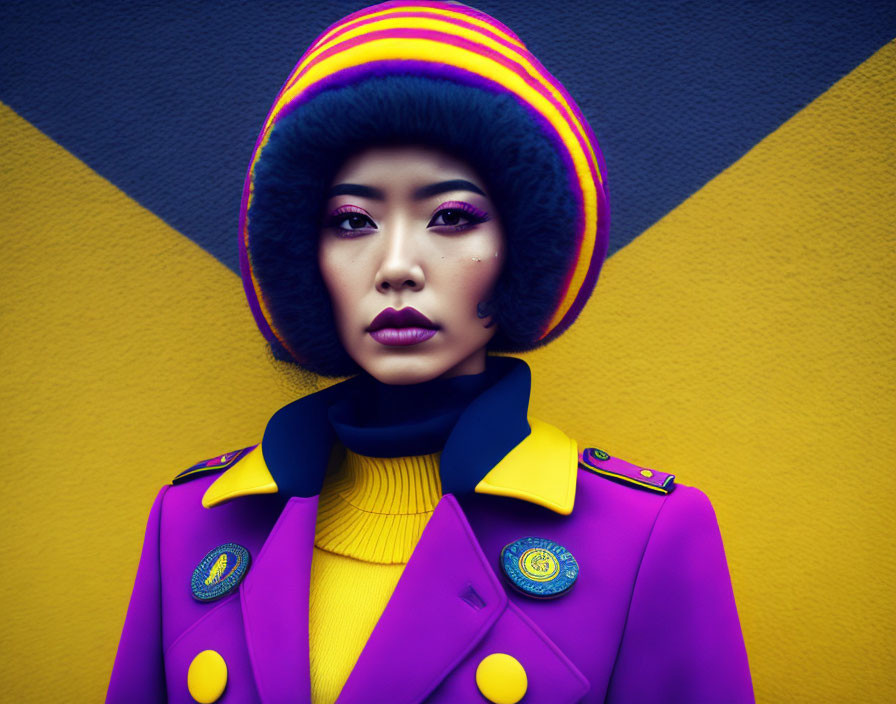 Colorful Woman in Stylish Outfit with Bold Makeup and Hat on Geometric Background