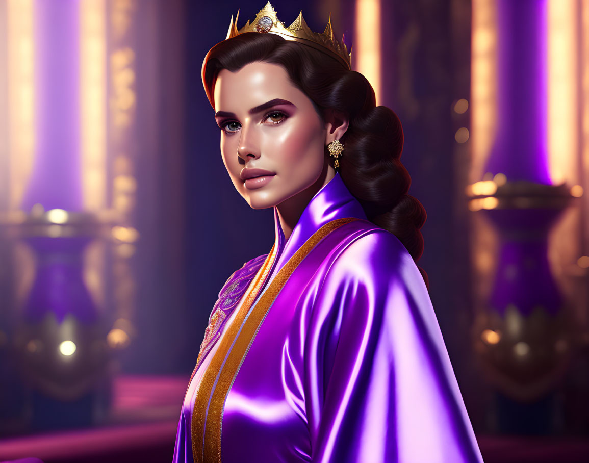 Regal woman digital artwork in purple robe with crown, golden pillars.